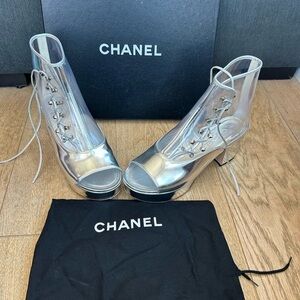 CHANEL Silver Leather Chain Transparent PVC Open Toe Ankle Boots